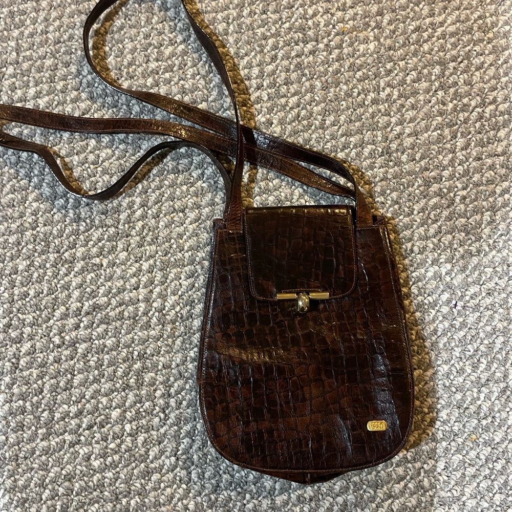 Vintage Land Brown Crocodile-Embossed Shoulder Bag
